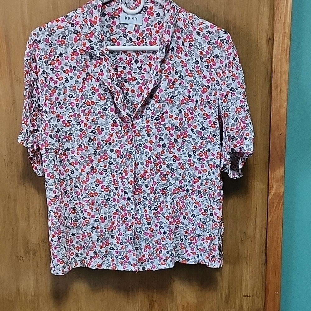 DKNY Gray, Orange and Pink Crop Blouse with Notched Collar